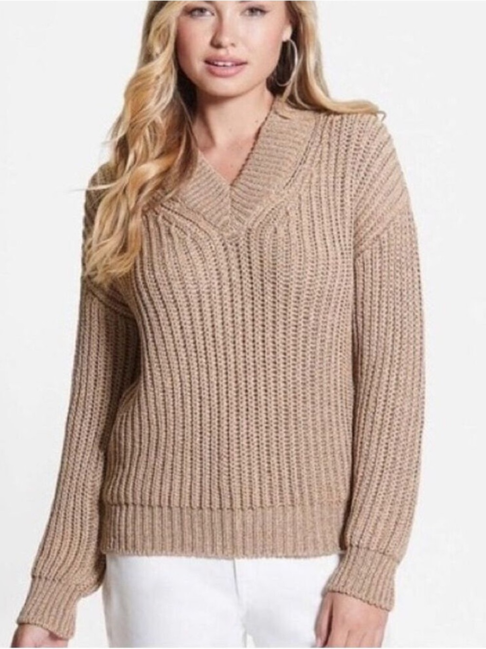 GUESS Dirty Lurex Metallic Cut-Out Neck Sweater Gold‎ Shimmer Size Medium NWT